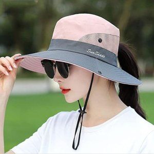Womens Ponytail Sun Hats with UV Protection Wide Brim Mesh Ponytail Hole Bun Buc